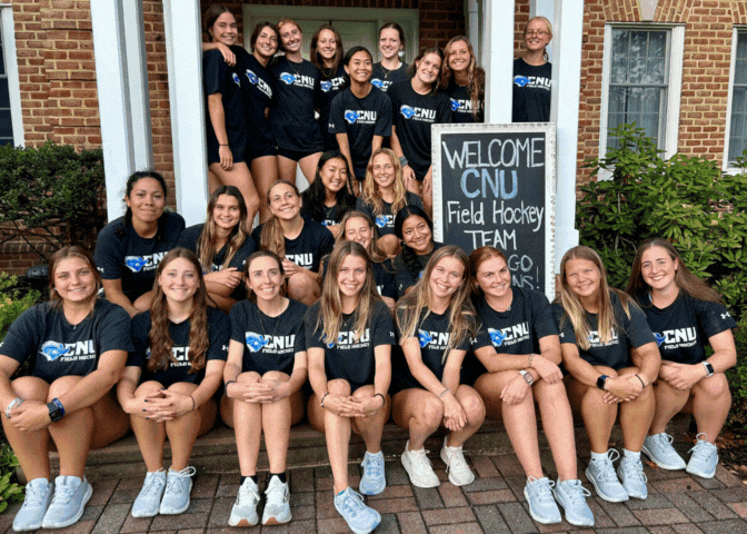 Photos of the CNU Field Hockey team together and celebrating.
